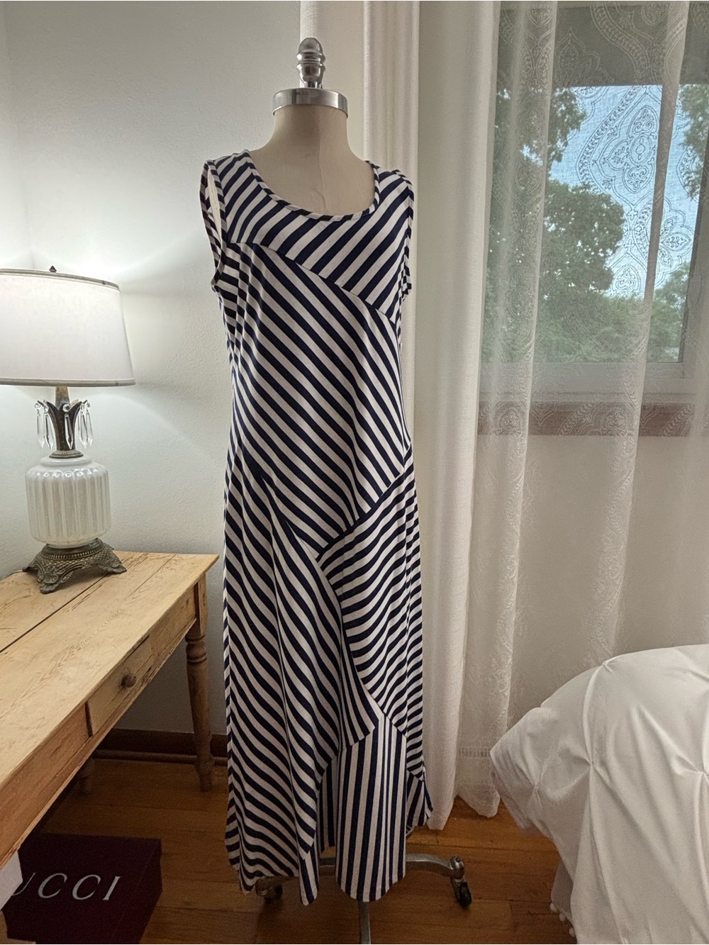 NY Collection Striped Navy Blue and White Sleeveless Midi/Maxi Dress, L, NWT
